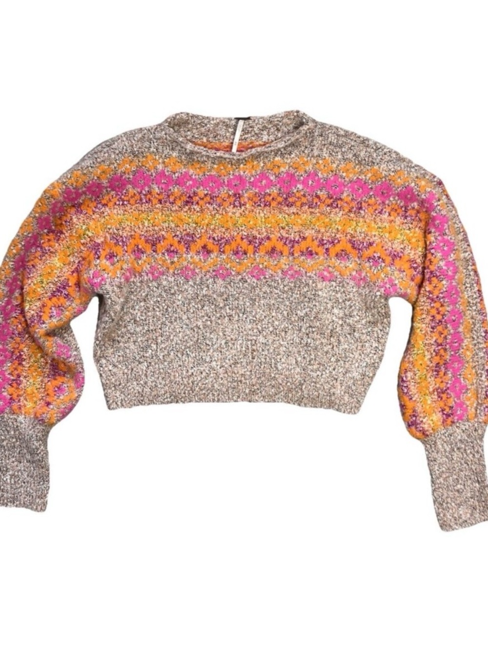 Free People Fair Isle Knit Sweater Size M Pink & Orange Balloon Sleeve Cropped